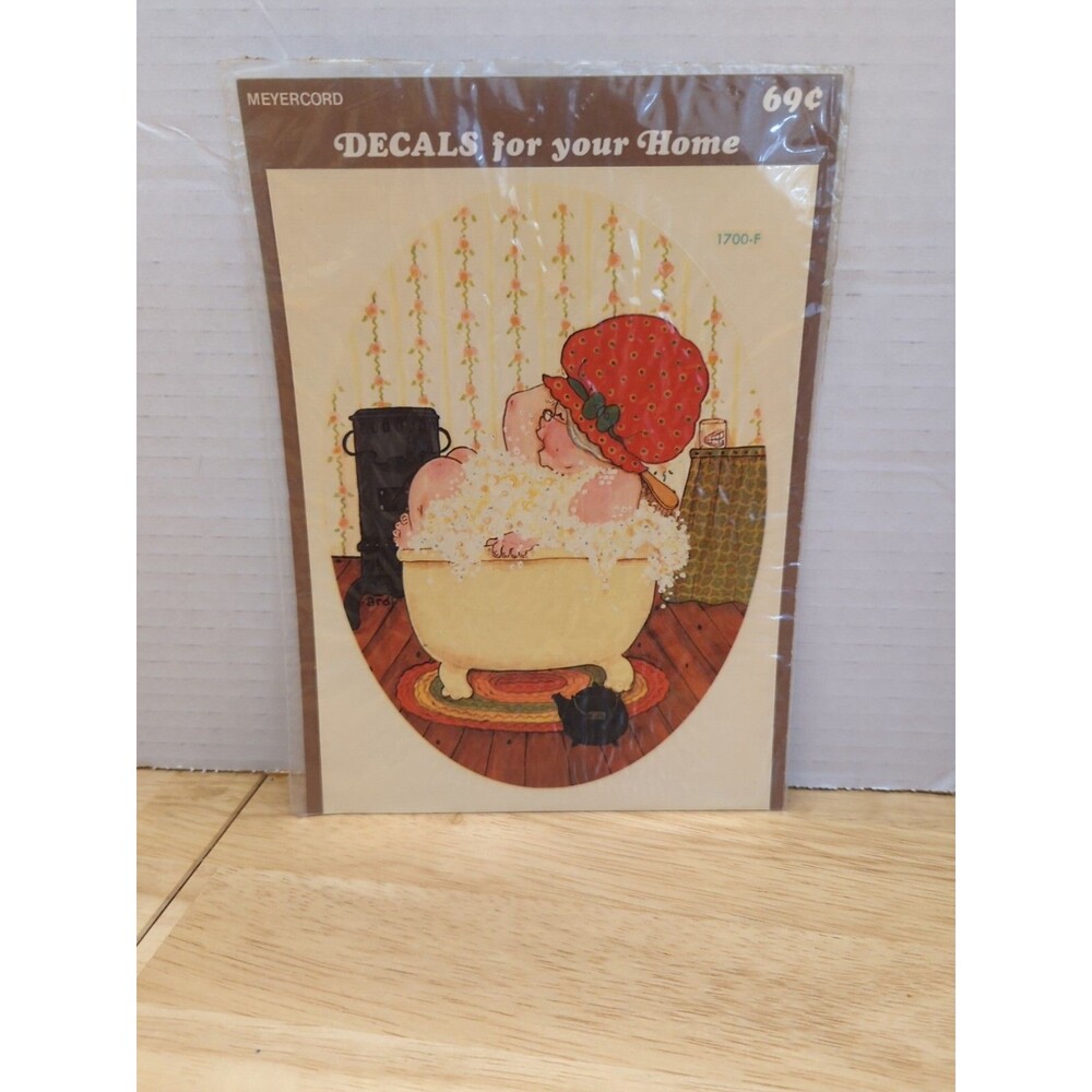 NOS Meyercord Water Dip Decal ~ Granny Old Lady in Bubble Bath Tub Rug 1700-F